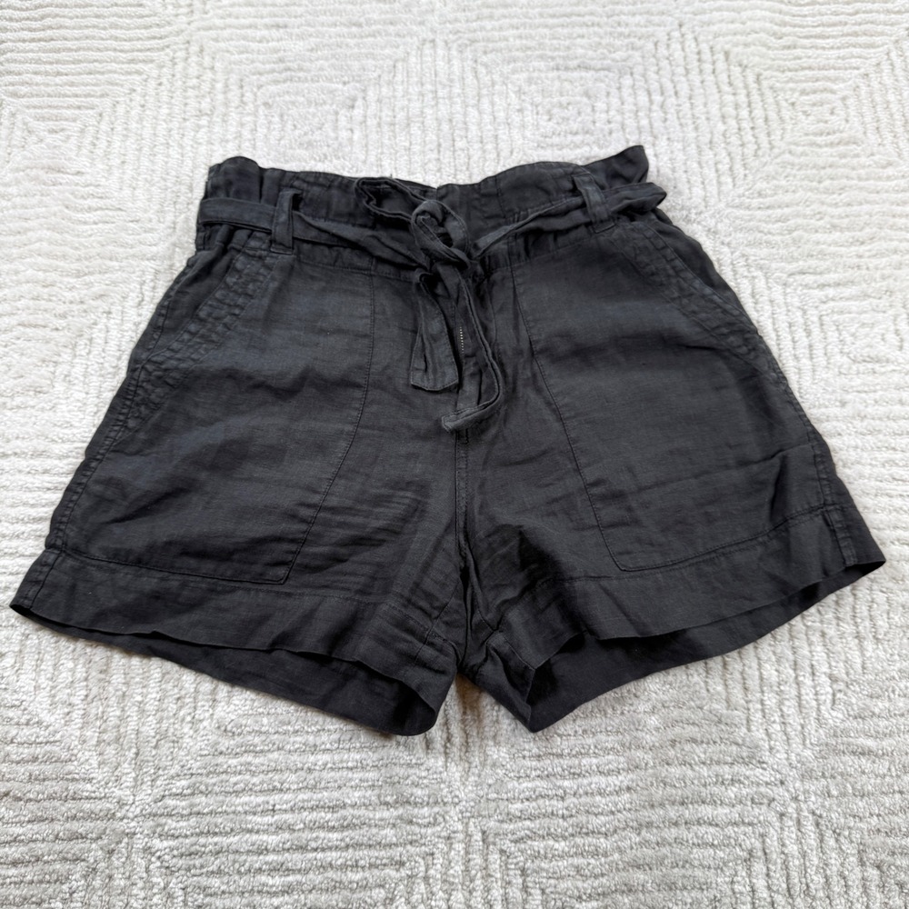 Joie Linen Paperbag Waist Shorts Women's 6 Black Tie Front Utility Coastal Boho